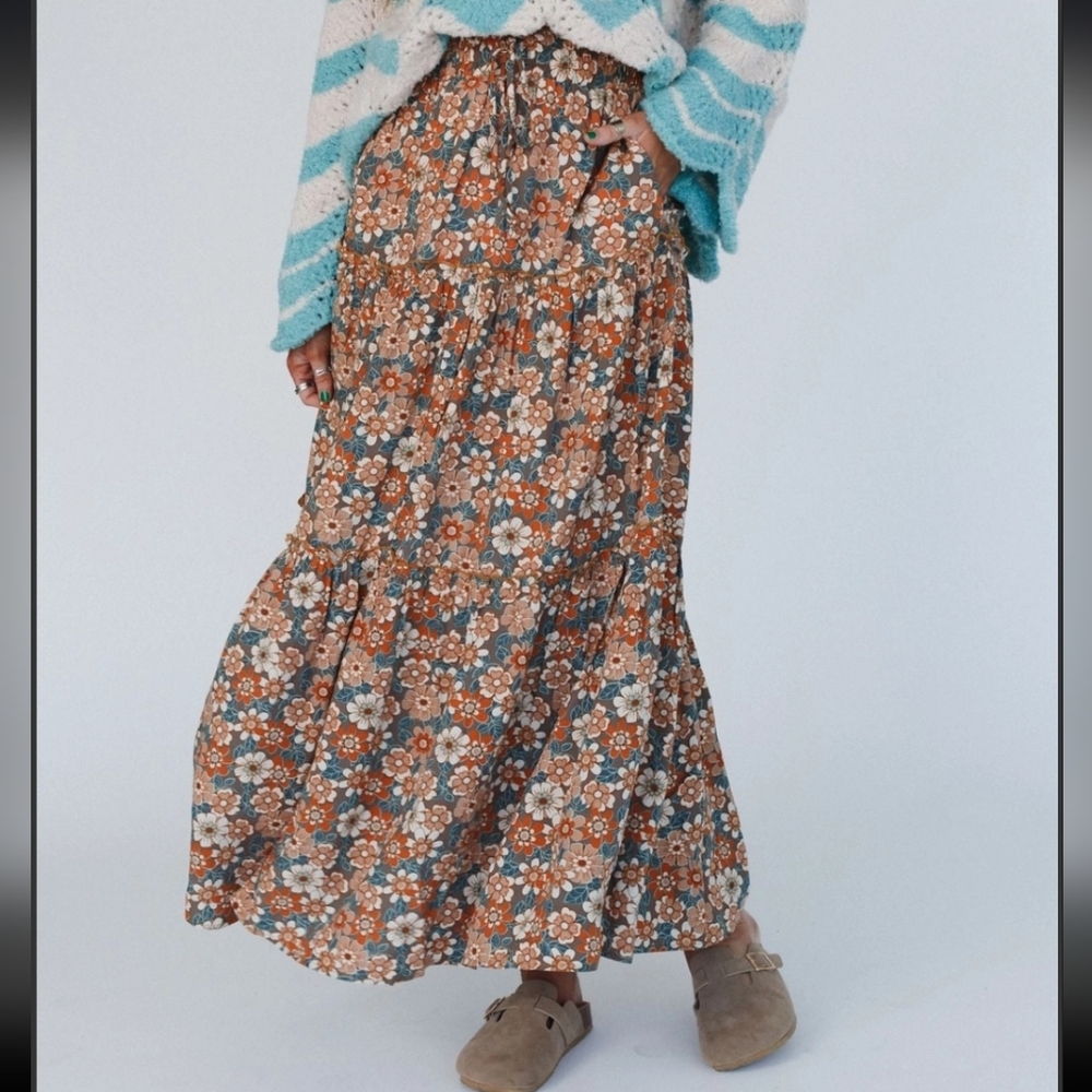 Retro Floral Print Rayon Maxi Skirt - Picture 3 of 6